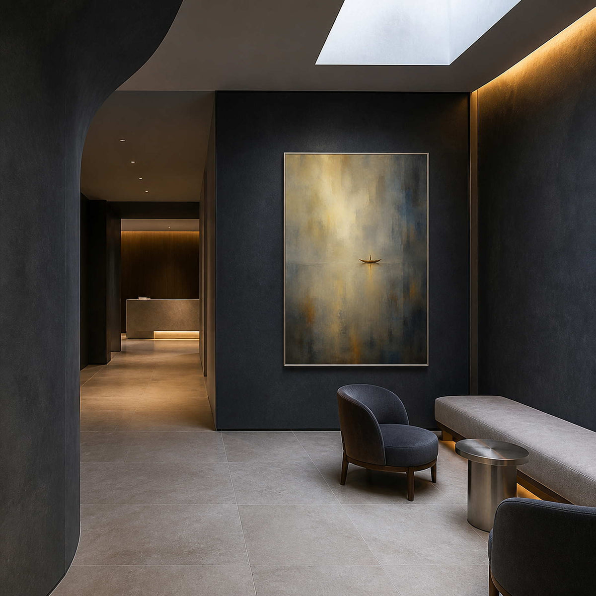 Serene coastal wall art in a dark spa hotel waiting area.
