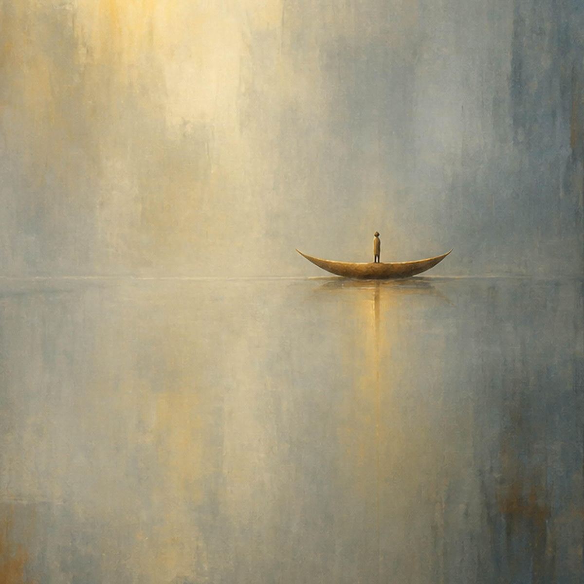 Close-up of the small boat, figure, mist, and golden reflection.