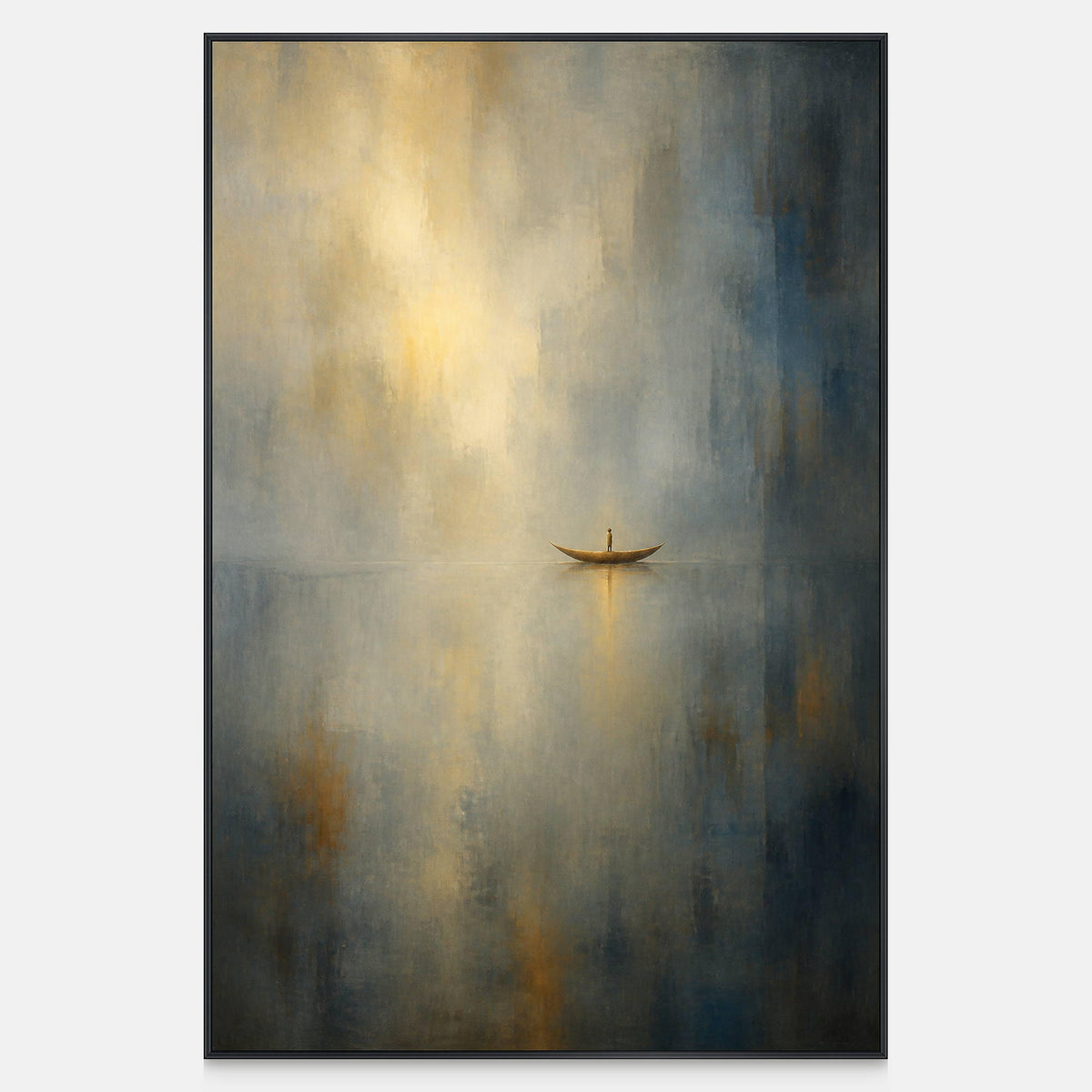 Hand-painted solitary boat in blue-gray mist and diffused golden light.