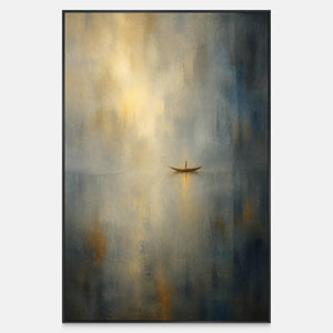 Hand-painted solitary boat in blue-gray mist and diffused golden light.
