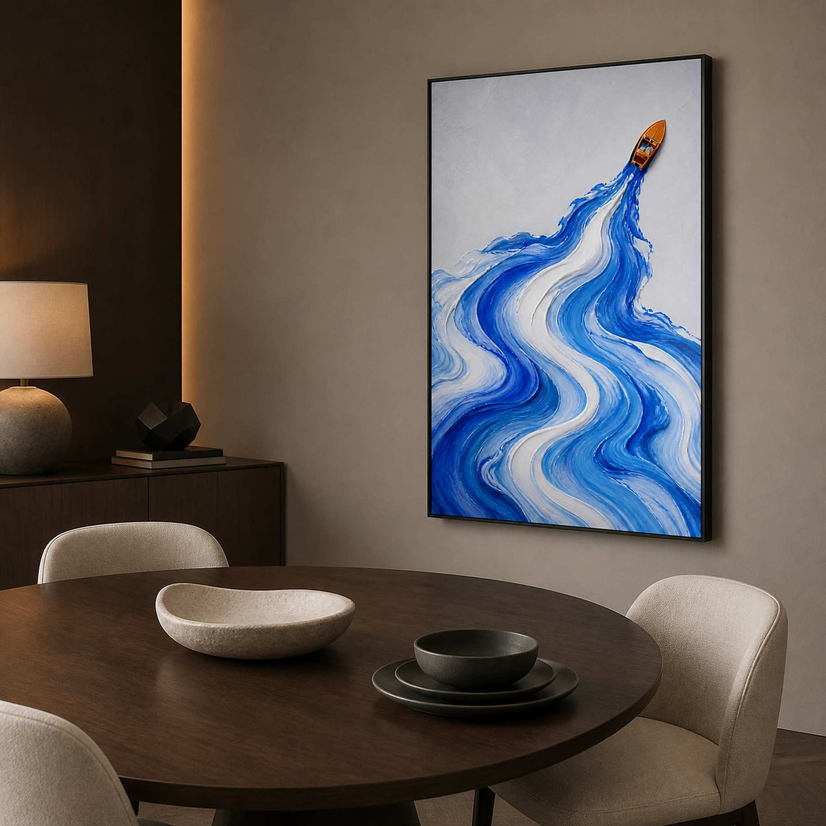 Cobalt boat and wake painting displayed in a refined dining room.