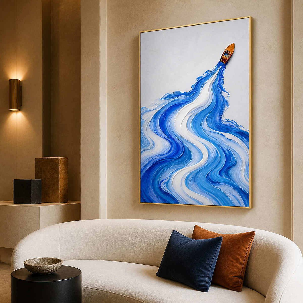 Blue coastal wall art in a refined boutique hotel lounge.