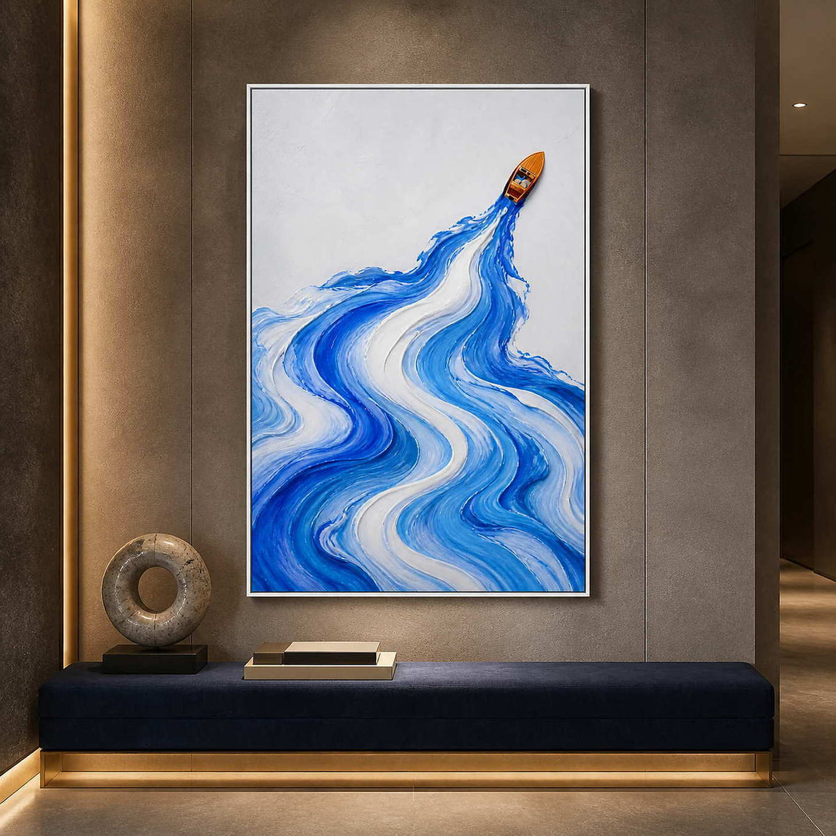 Textured coastal artwork displayed in a softly lit hotel hallway.