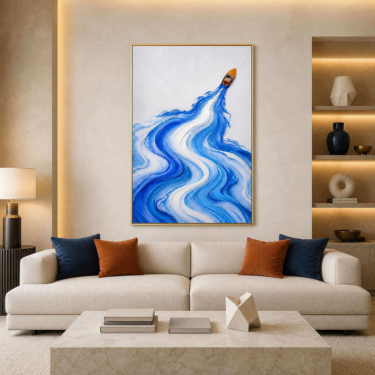 Blue textured coastal wall art in a warm modern living room.