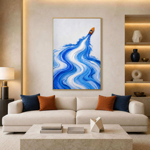 Blue textured coastal wall art in a warm modern living room.