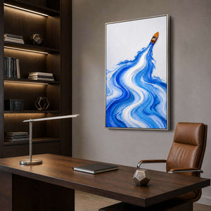 Dynamic blue and white boat canvas bringing energy to an office.