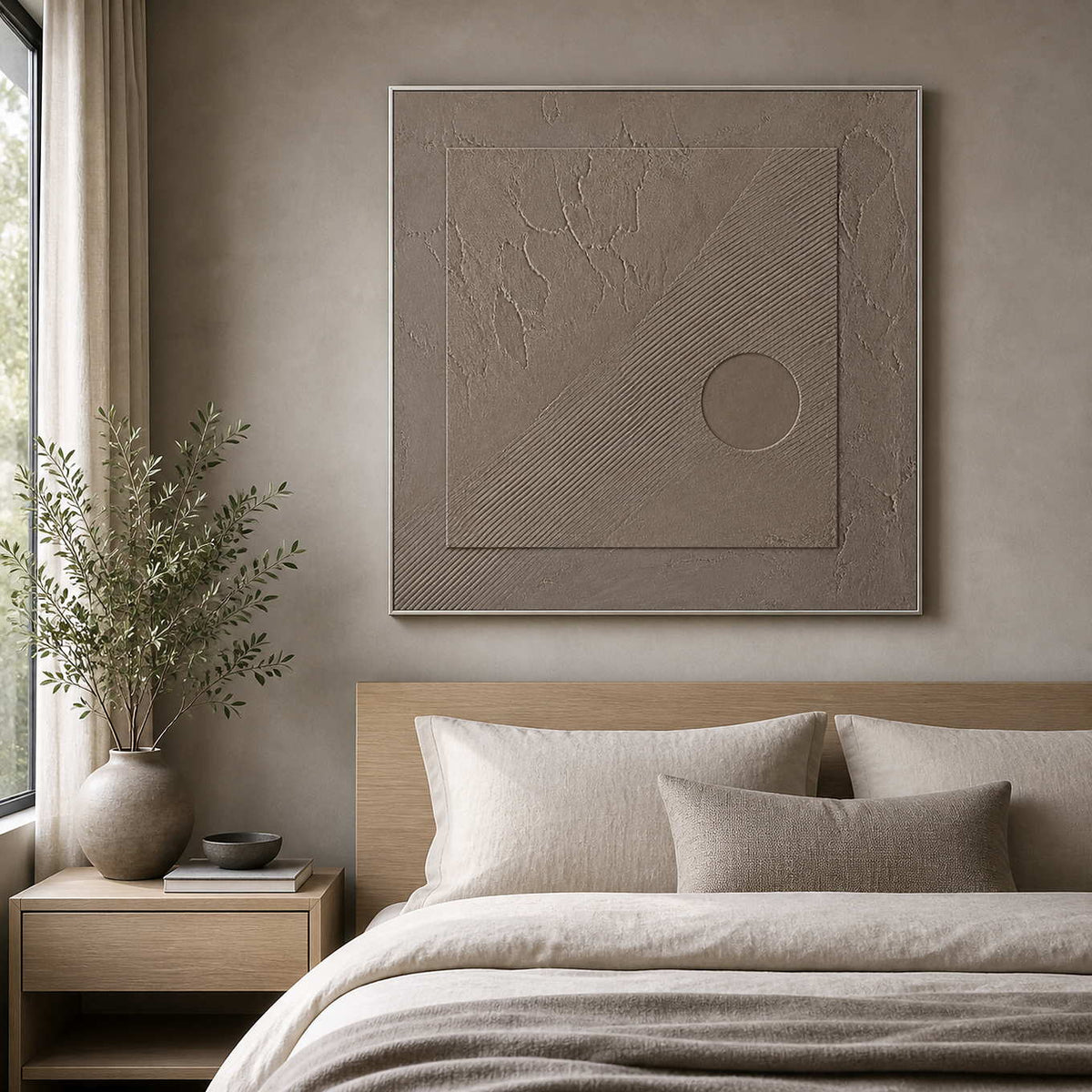 Square textured wall art displayed in a mushroom-gray oak bedroom.