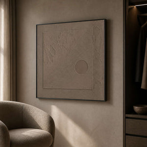 Textured geometric painting displayed in a warm gray dressing room.