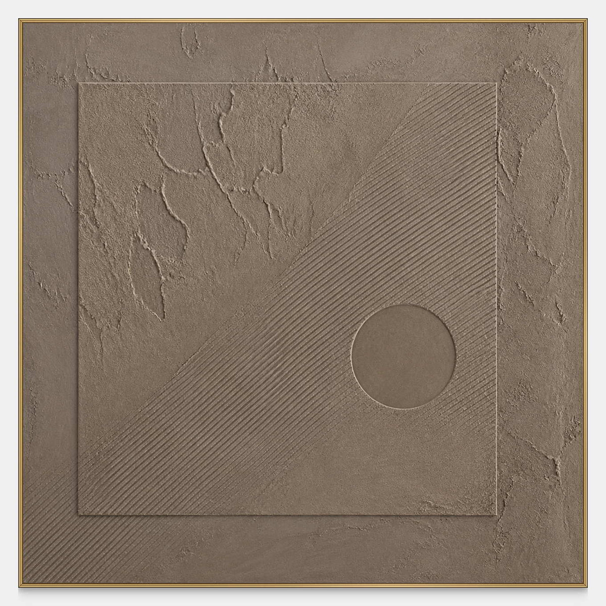 Square taupe abstract painting with a recessed circle and diagonal grooves.