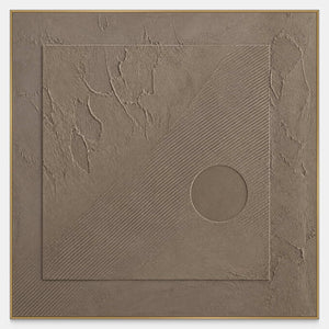 Square taupe abstract painting with a recessed circle and diagonal grooves.