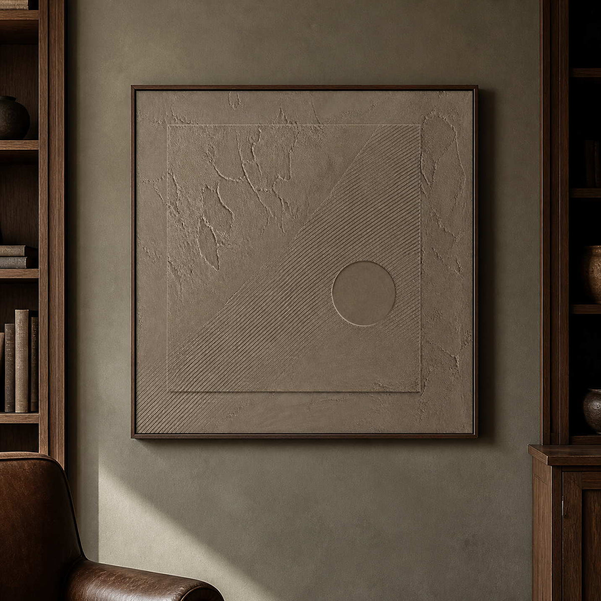 Wabi-sabi abstract wall art displayed in an olive walnut office.