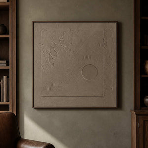 Wabi-sabi abstract wall art displayed in an olive walnut office.