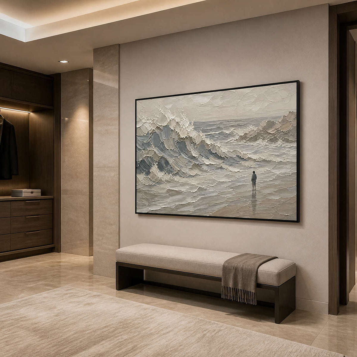 Neutral textured seascape wall art in a refined bathroom with a black frame.