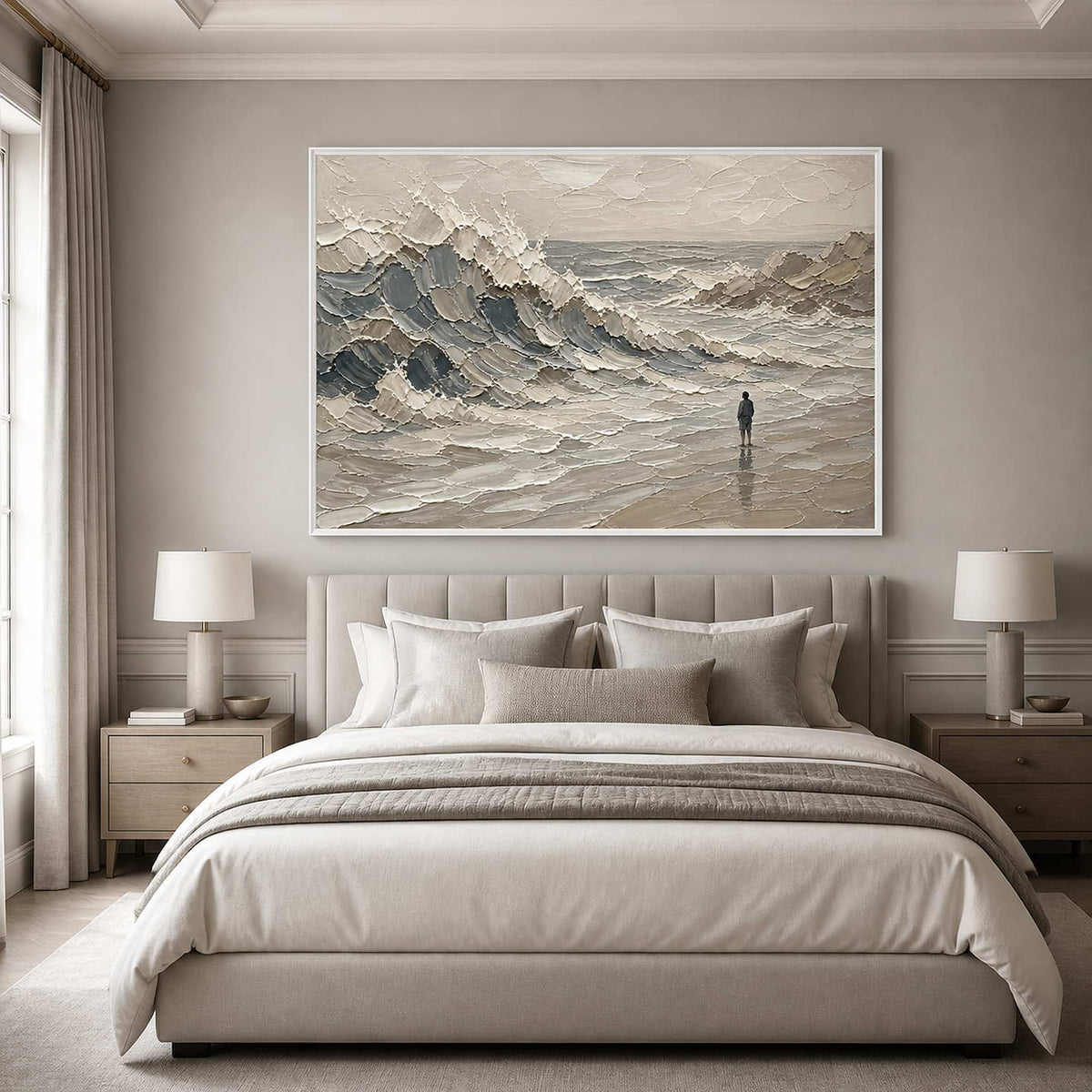Calming gray coastal wall art above a serene bedroom with a white frame.