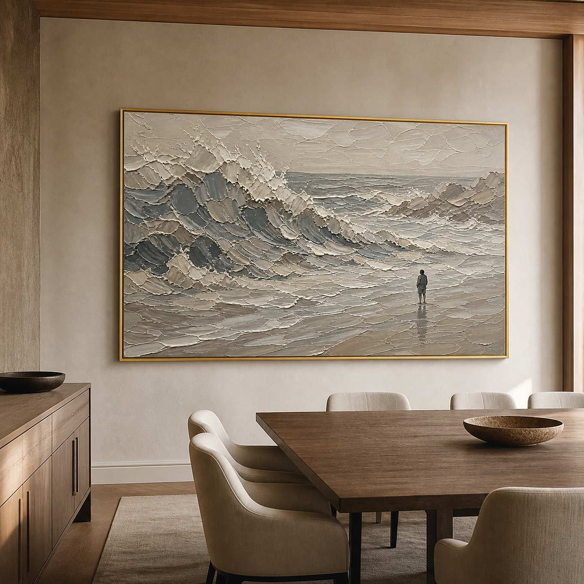 Atmospheric ocean wall art in a warm dining room with a gold frame.