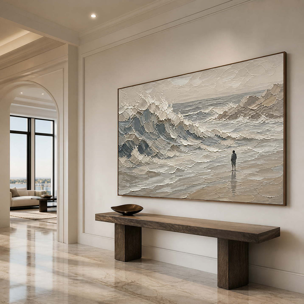 Textured wave wall art in an elegant entryway with a wood frame.