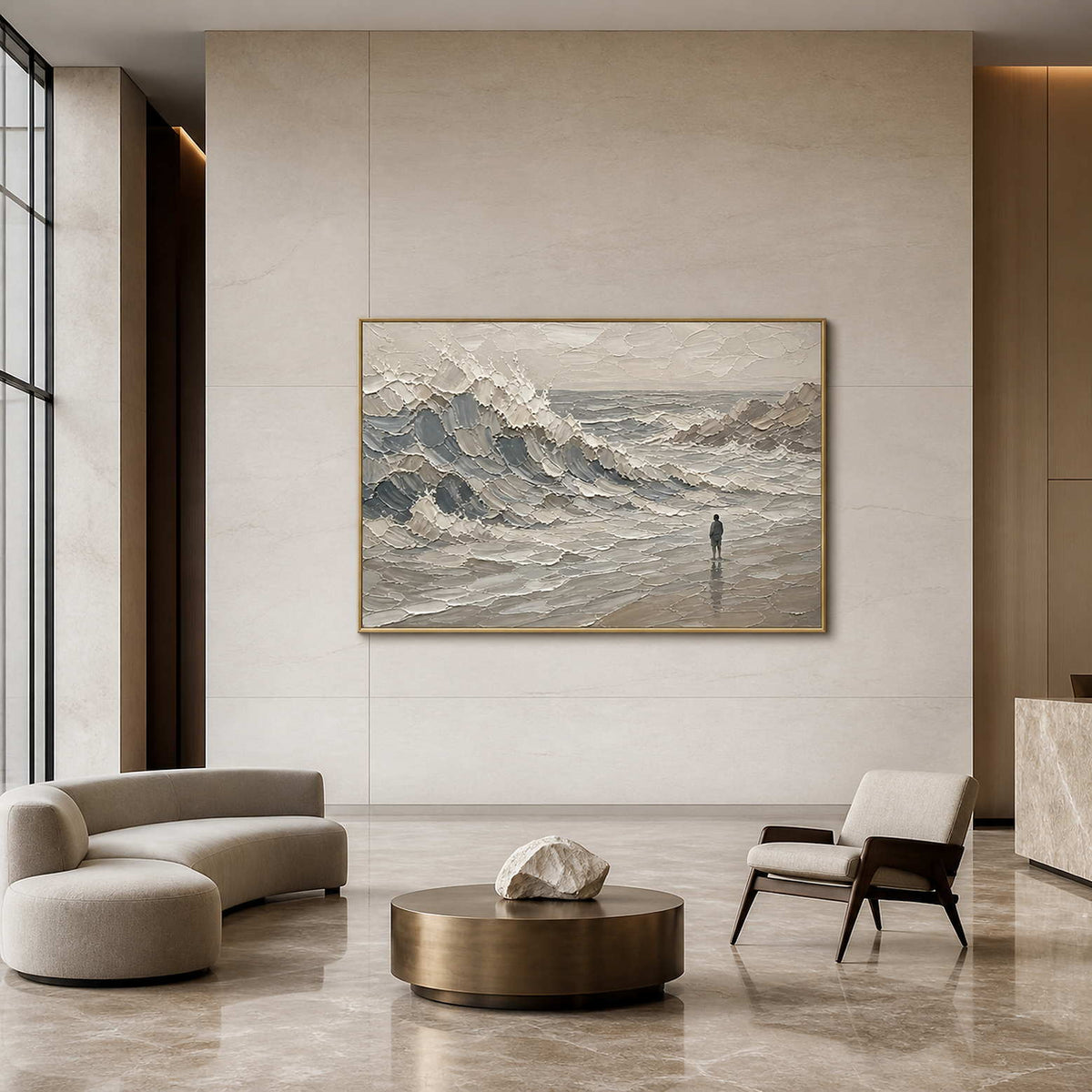 Large coastal wall art with sweeping waves in a modern hotel lobby.