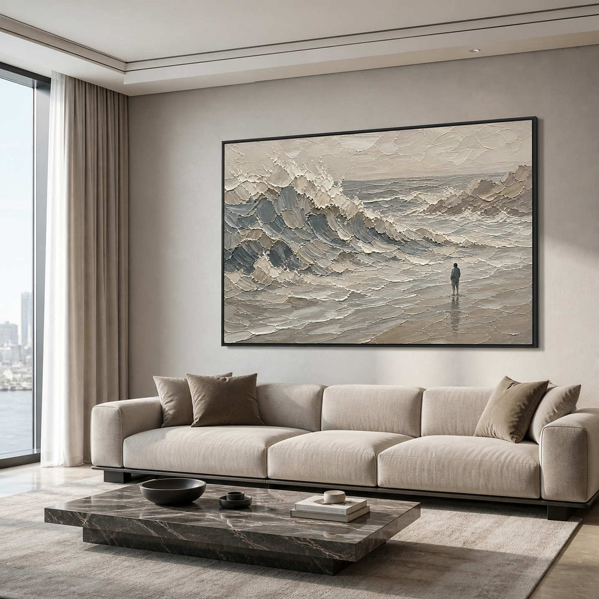 Textured coastal wall art with a solitary figure in a refined living room.