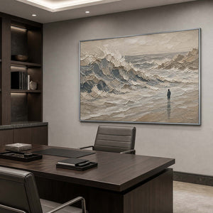 Modern ocean wall art displayed in a sophisticated office with a silver frame.