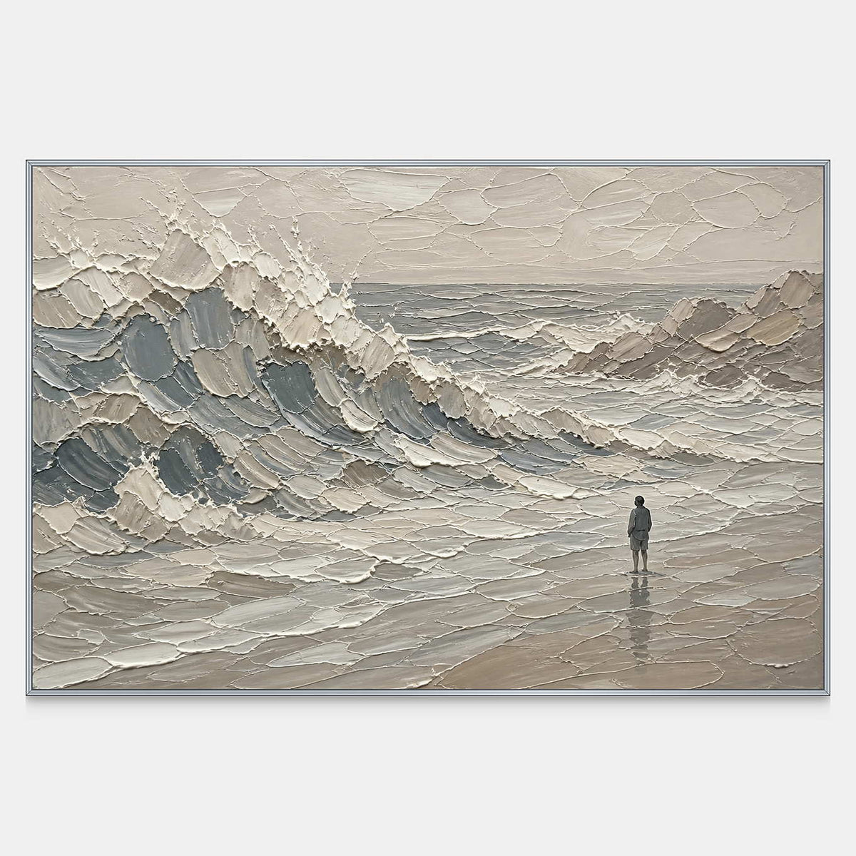 Hand-painted coastal wall art with layered ivory, gray, and slate-blue waves.