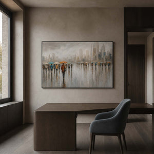 Modern city wall art displayed in a warm gray private office.