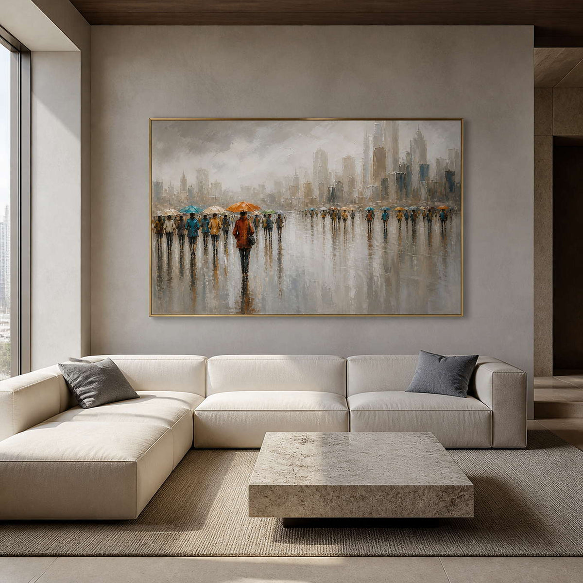 Reflective rainy city artwork displayed in a mist-gray family room.