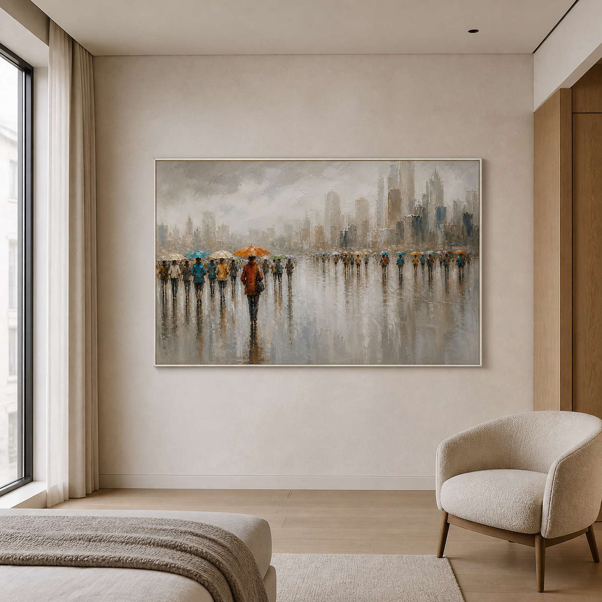 Rainy city painting displayed in a warm white oak bedroom lounge.