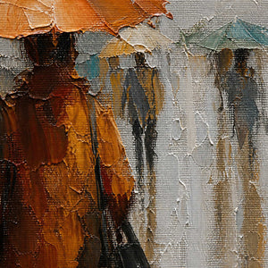 Close-up of orange impasto and gray-white reflections on wet pavement.