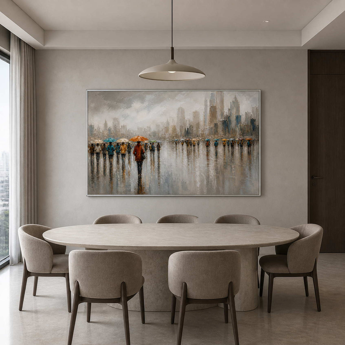 Textured rainy skyline painting displayed in a mist-gray dining room.