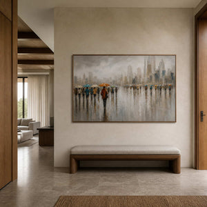 Horizontal cityscape artwork displayed in a stone walnut entry hall.