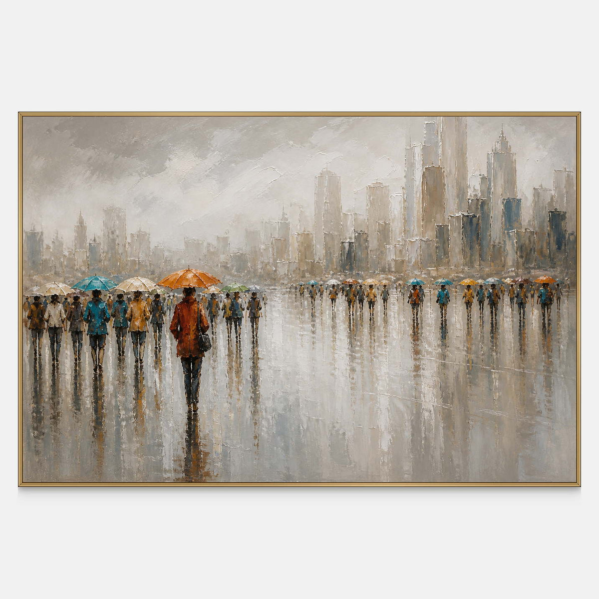 Orange-coated figure crossing a reflective promenade beneath a misty skyline.