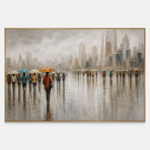 Orange-coated figure crossing a reflective promenade beneath a misty skyline.