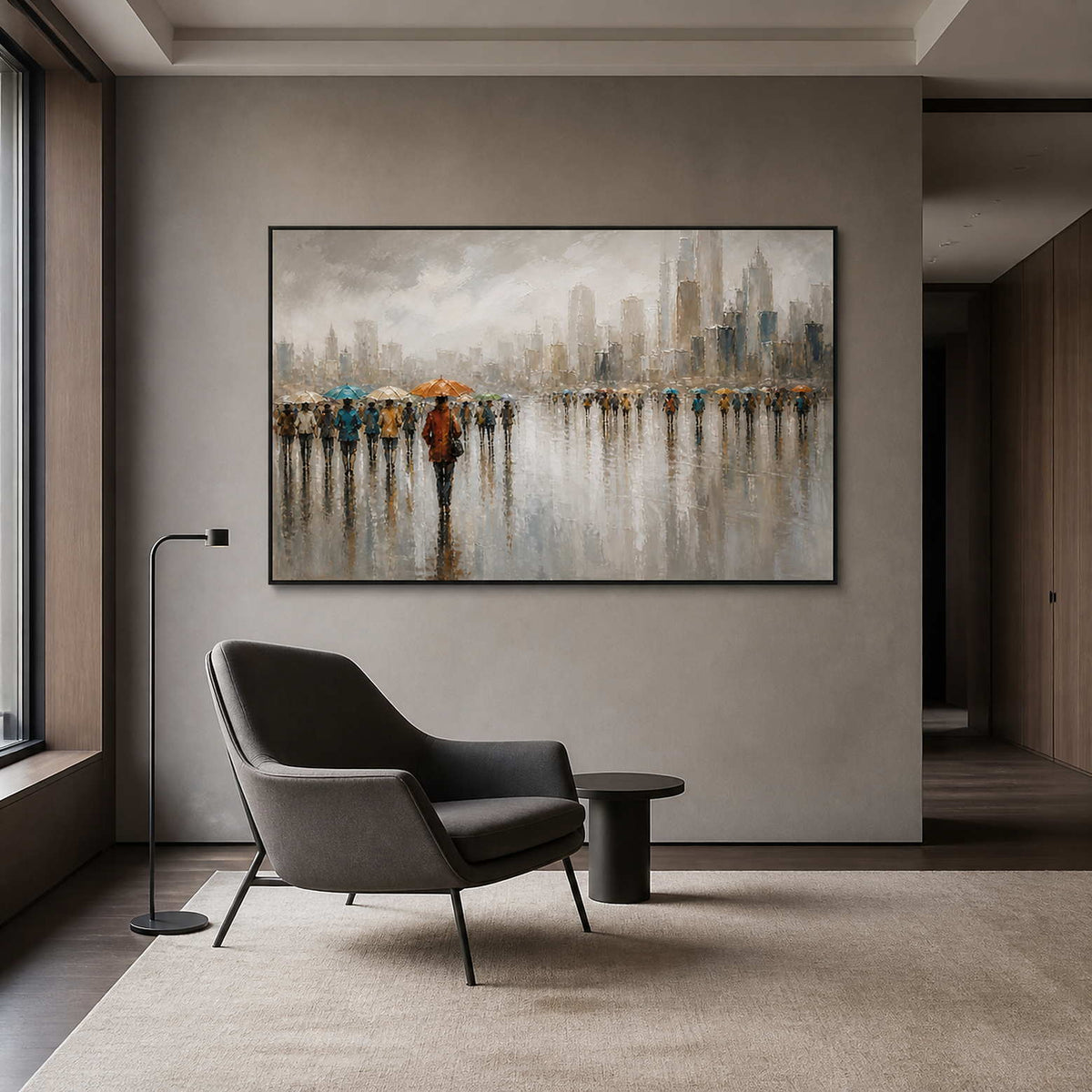 Atmospheric urban wall art displayed in a warm gray reading room.