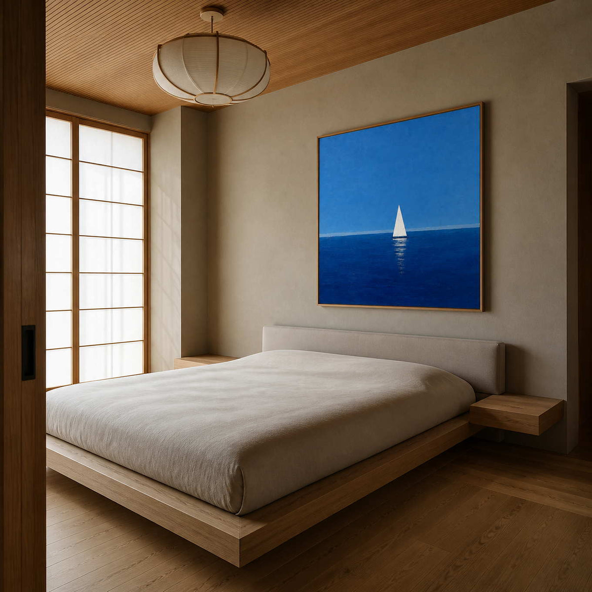 Blue sailboat wall art displayed in a serene wood-lined bedroom.