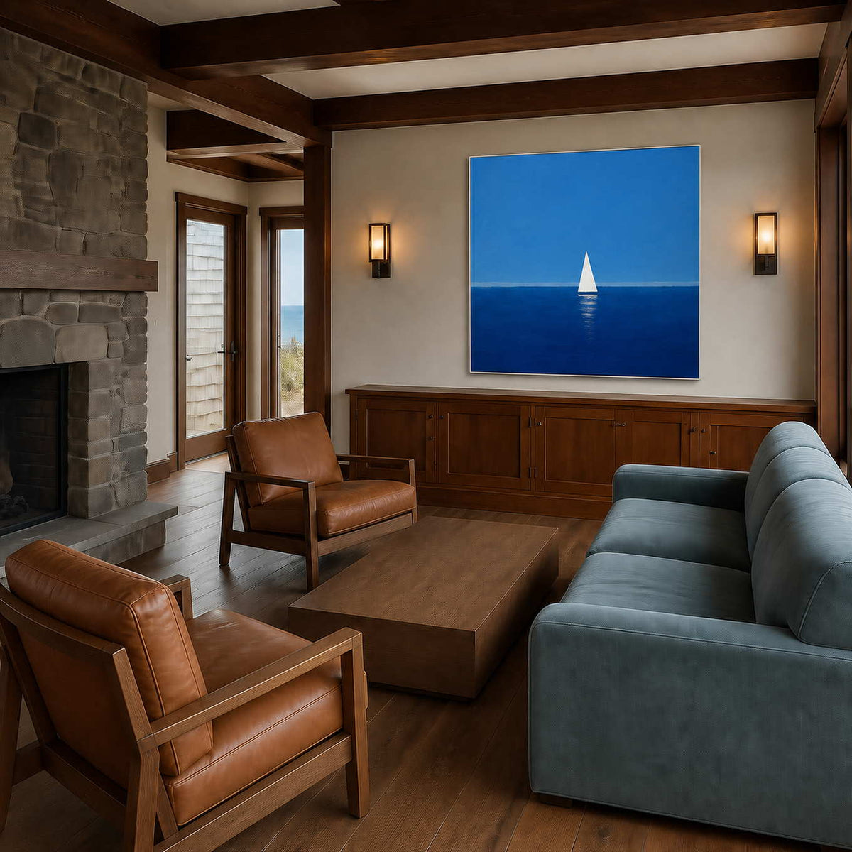 Blue sailboat wall art displayed in a refined coastal family room.