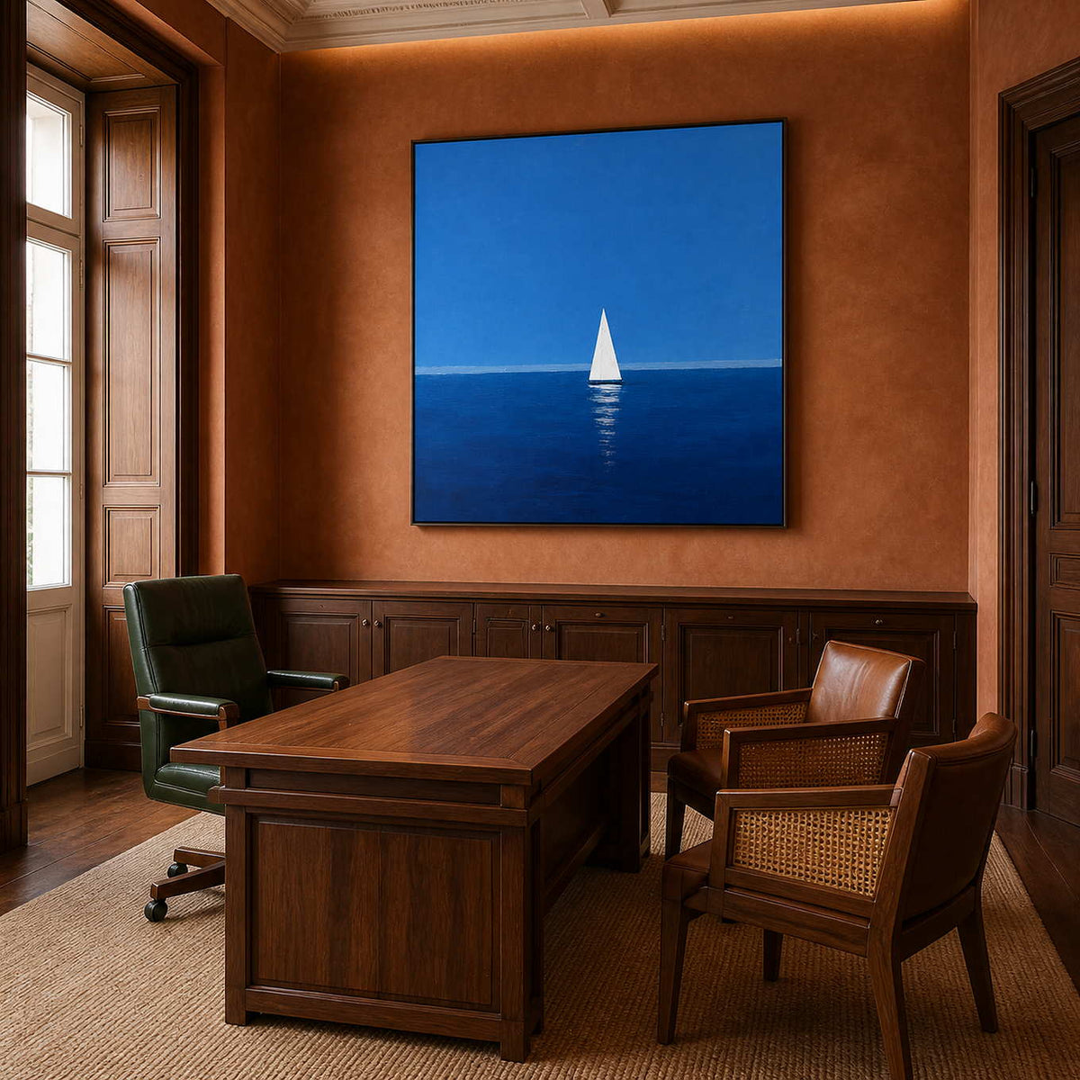 Blue sailboat wall art displayed in a richly toned home office.