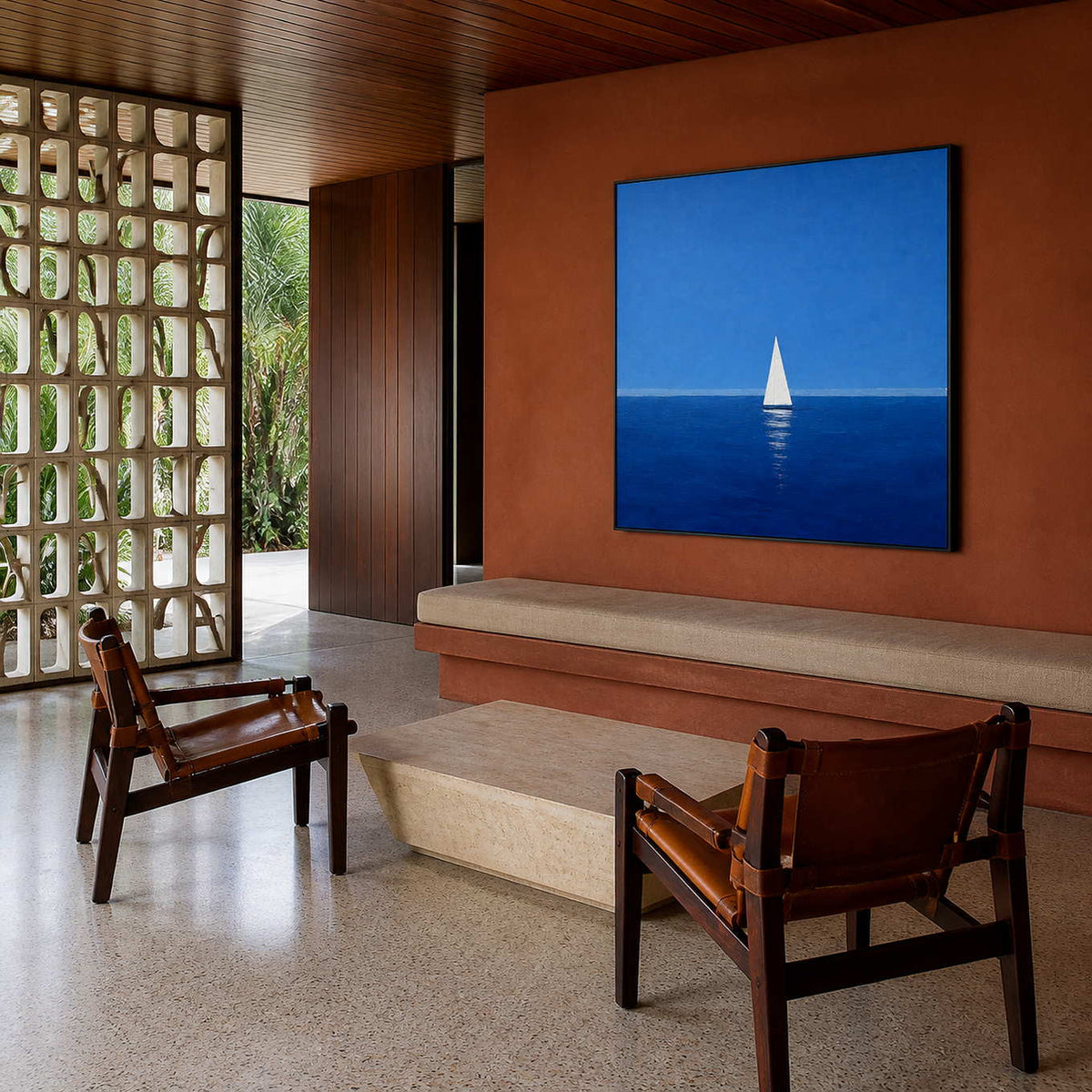 Blue sailboat wall art displayed in a modern architectural reading area.