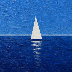 Close-up of raised blue texture and a white painted sailboat.