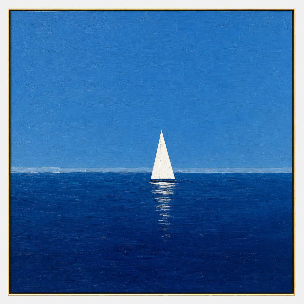 Square textured coastal wall art with a single white sailboat.