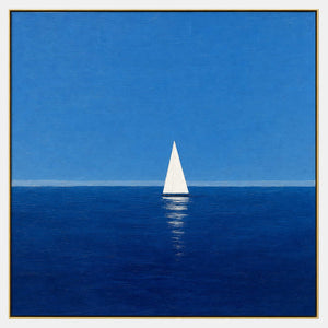 Square textured coastal wall art with a single white sailboat.