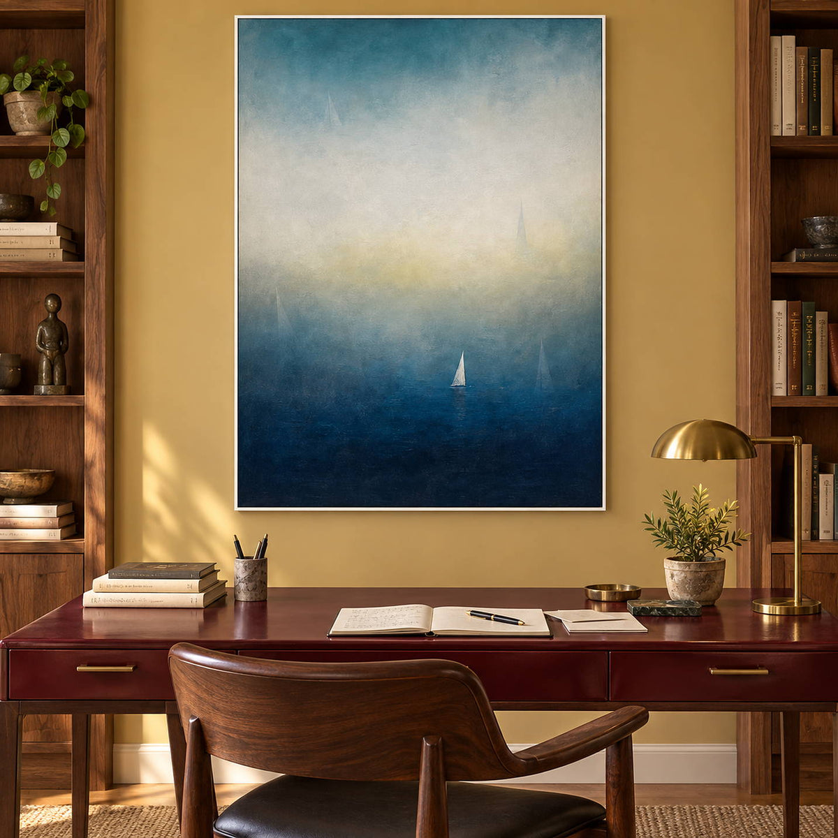 Atmospheric coastal painting with a white sail drifting across deep teal water, displayed in a study in a white frame.