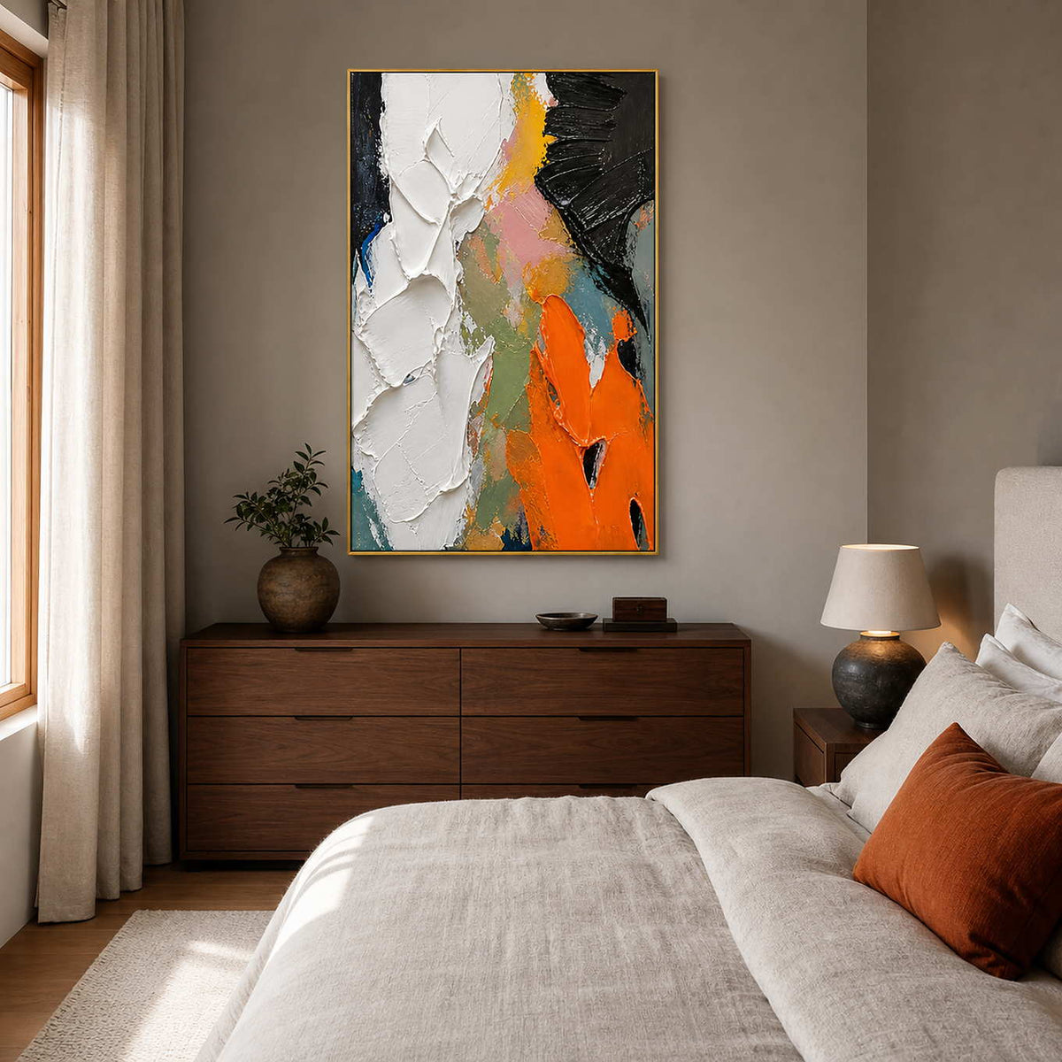 Textured Abstract Wall Art displayed in a refined bedroom.