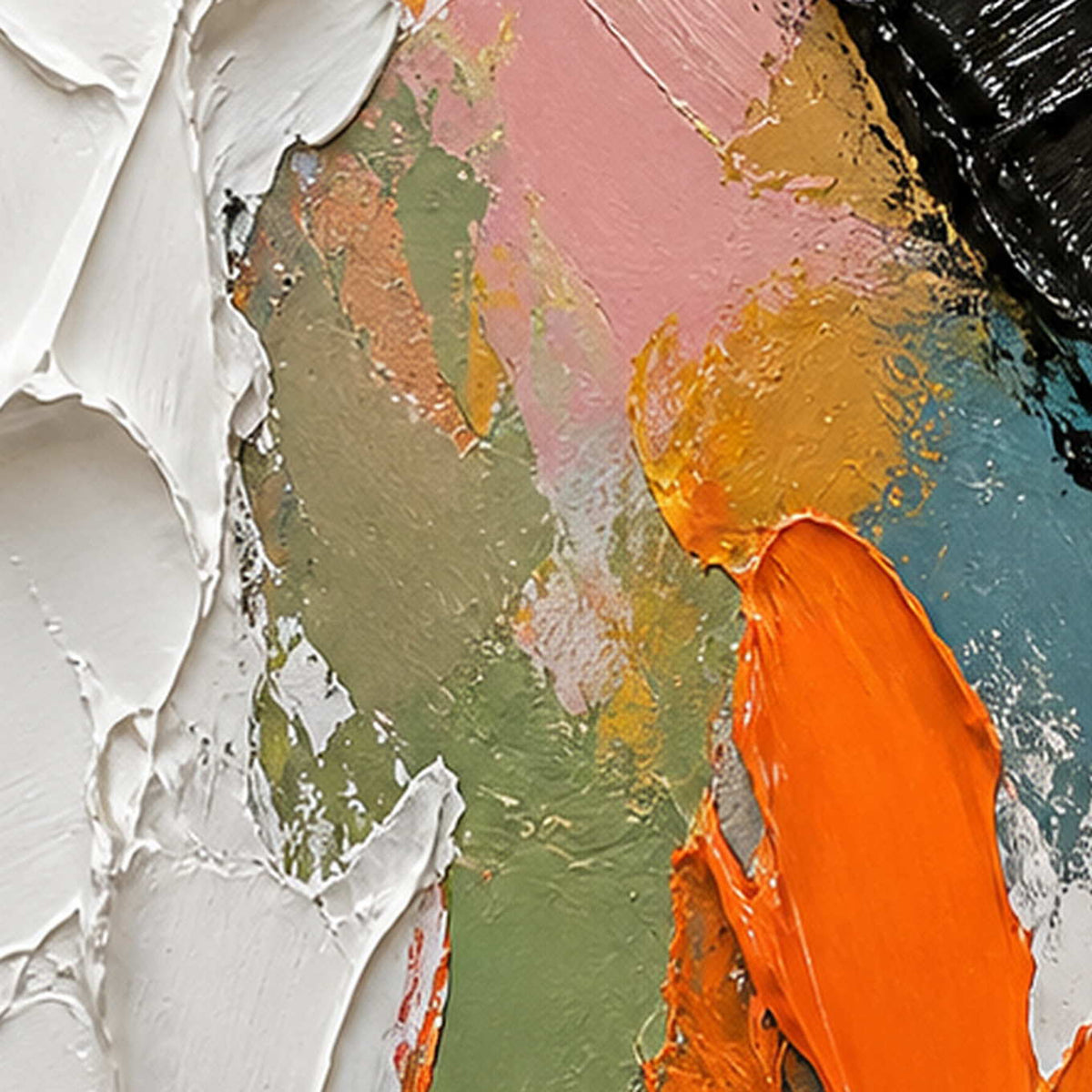 Close-up of raised hand-painted texture in warm tones, black, and white.