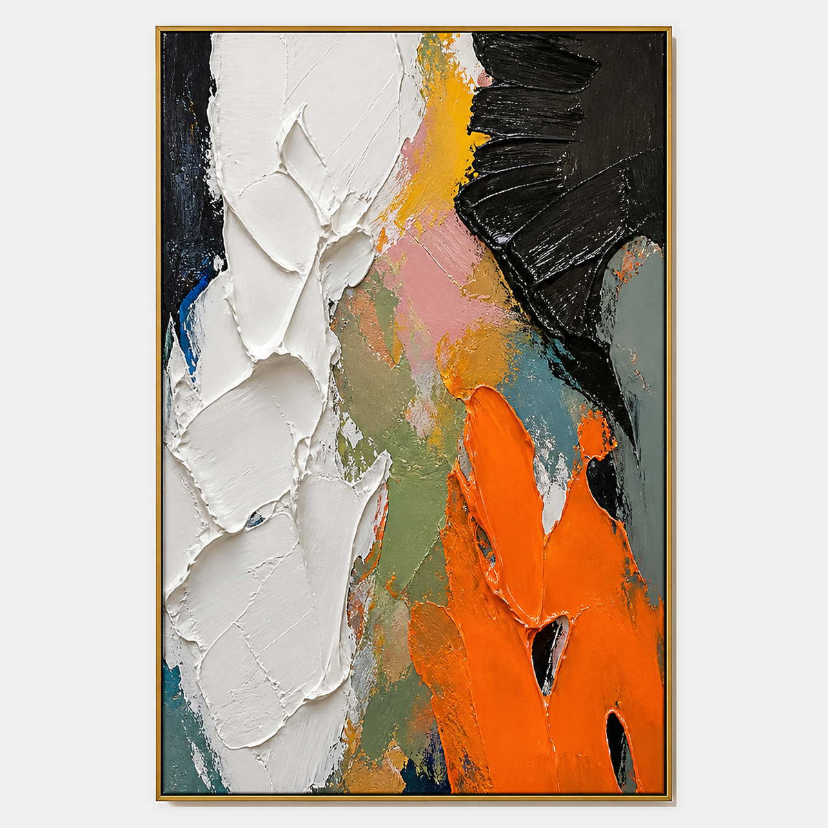 Hand-painted textured abstract wall art with warm tones, black, and white tones.
