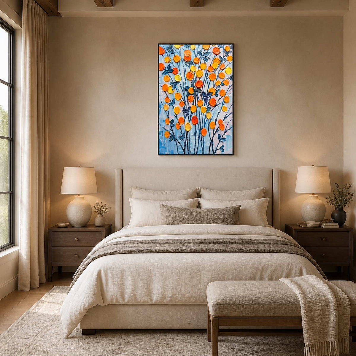 Textured orange blossom painting displayed above a neutral bedroom.