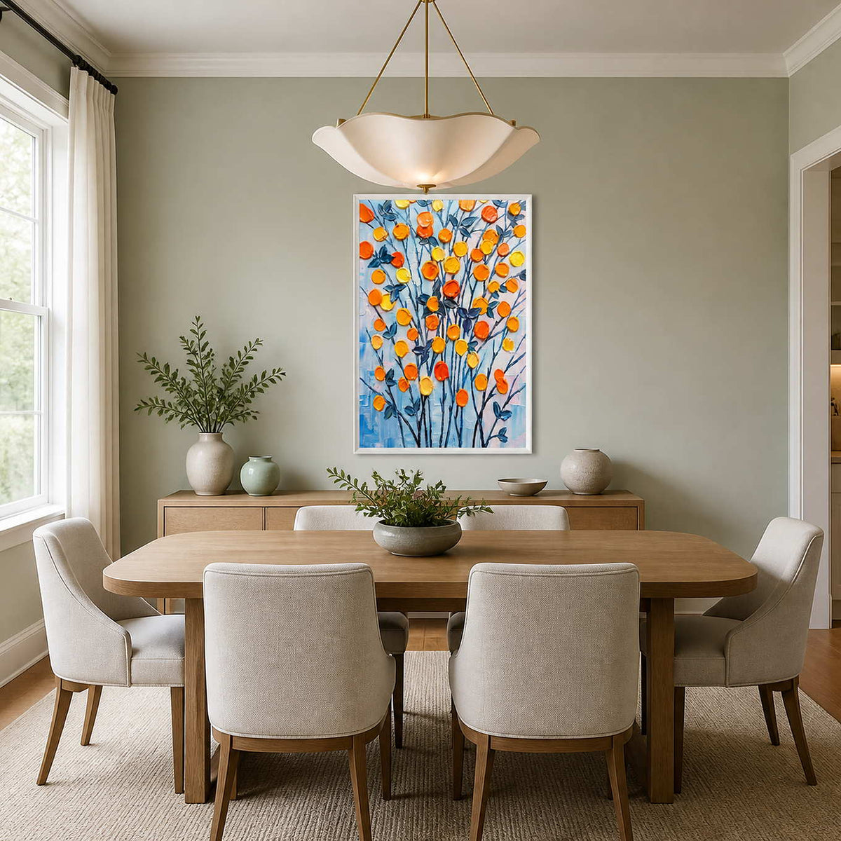 Bright floral wall art displayed in a pale green dining room.