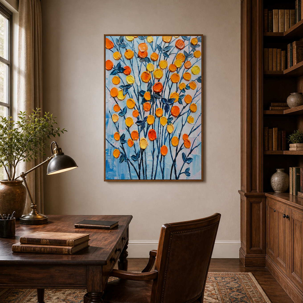 Modern botanical artwork displayed in a traditional walnut office.