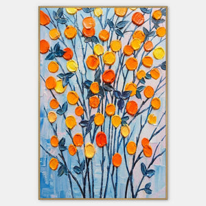 Vertical painting of orange and yellow blooms against sky blue.