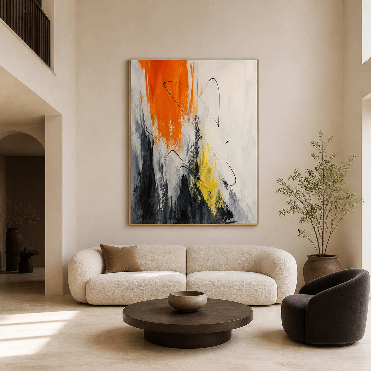 Orange and black textured abstract wall art displayed in a modern living room.