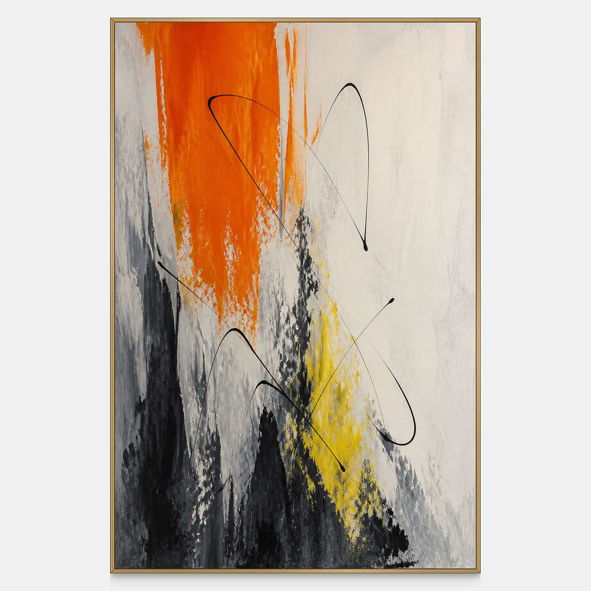 Vertical abstract artwork in orange, black, white, charcoal, and yellow.
